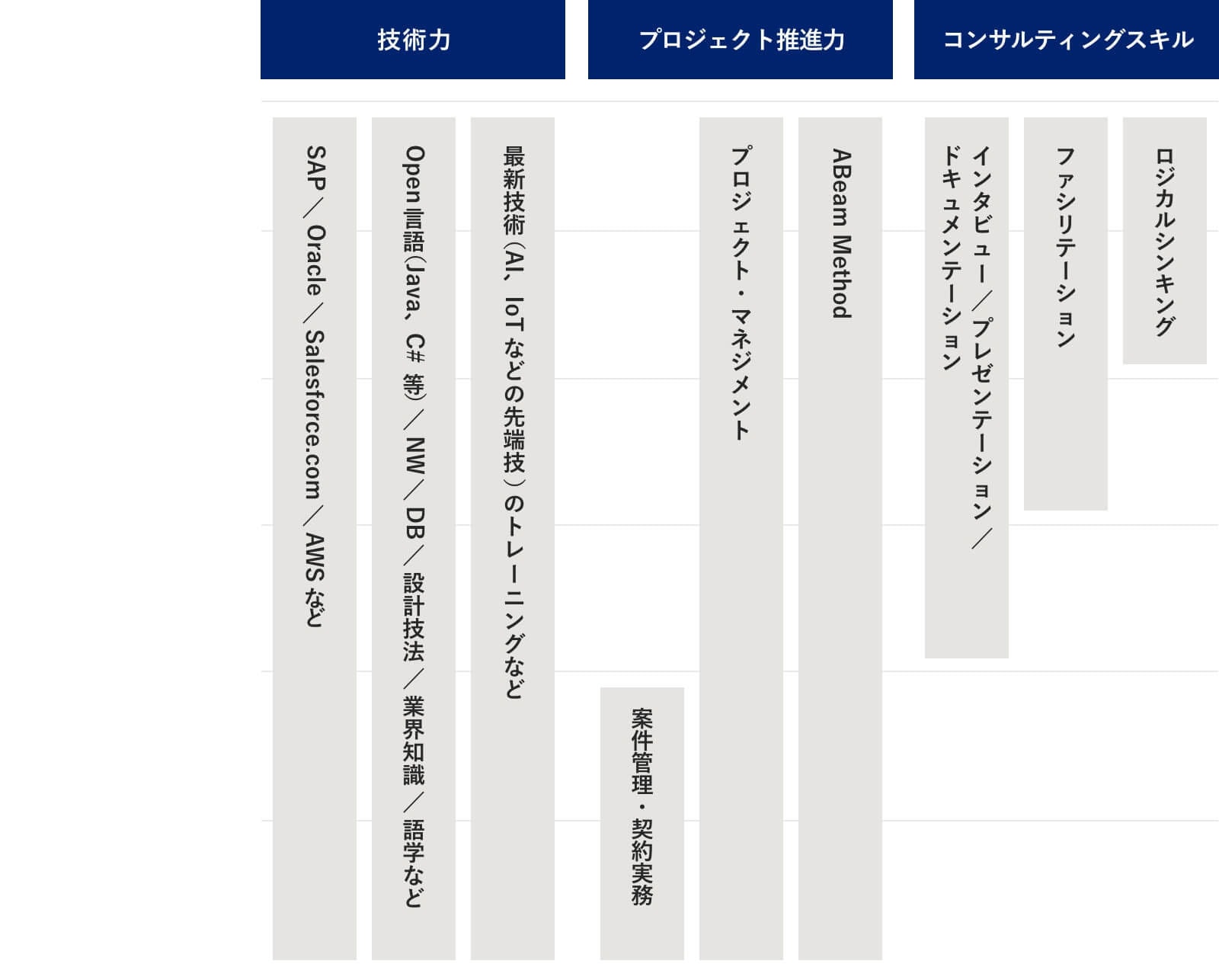 技術力プロジェクト推進力コンサルティングスキルSAP/Oracle/Salesforce.com/AWSなどOpen言語（Java、C# ）等/NW/DB/設計技法/最新技術（AI、IoTなどの先端技）のトレニングなど案件管理・契約実務プロジェクト・マネジメントABeam Methodドキュメンテションインタビュ/プレゼンテションファシリテ-ションロジカルシンキング