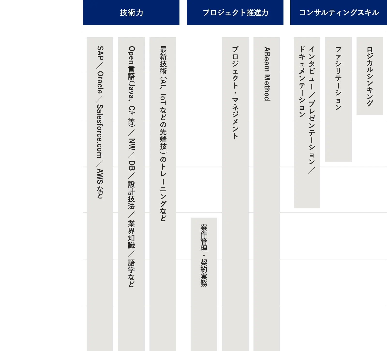 技術力プロジェクト推進力コンサルティングスキルSAP/Oracle/Salesforce.com/AWSなどOpen言語（Java、C# ）等/NW/DB/設計技法/最新技術（AI、IoTなどの先端技）のトレニングなど案件管理・契約実務プロジェクト・マネジメントABeam Methodドキュメンテションインタビュ/プレゼンテションファシリテ-ションロジカルシンキング