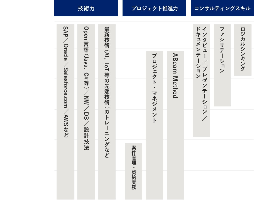 技術力プロジェクト推進力コンサルティングスキルSAP/Oracle/Salesforce.com/AWSなどOpen言語（Java、C# ）等/NW/DB/設計技法/最新技術（AI、IoTなどの先端技）のトレニングなど案件管理・契約実務プロジェクト・マネジメントABeam Methodドキュメンテションインタビュ/プレゼンテションファシリテ-ションロジカルシンキング