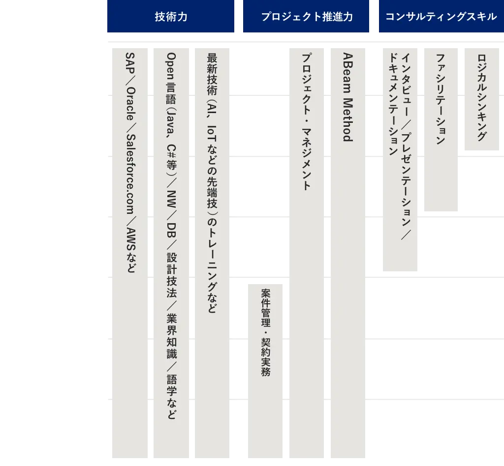 技術力プロジェクト推進力コンサルティングスキルSAP/Oracle/Salesforce.com/AWSなどOpen言語（Java、C# ）等/NW/DB/設計技法/最新技術（AI、IoTなどの先端技）のトレニングなど案件管理・契約実務プロジェクト・マネジメントABeam Methodドキュメンテションインタビュ/プレゼンテションファシリテ-ションロジカルシンキング