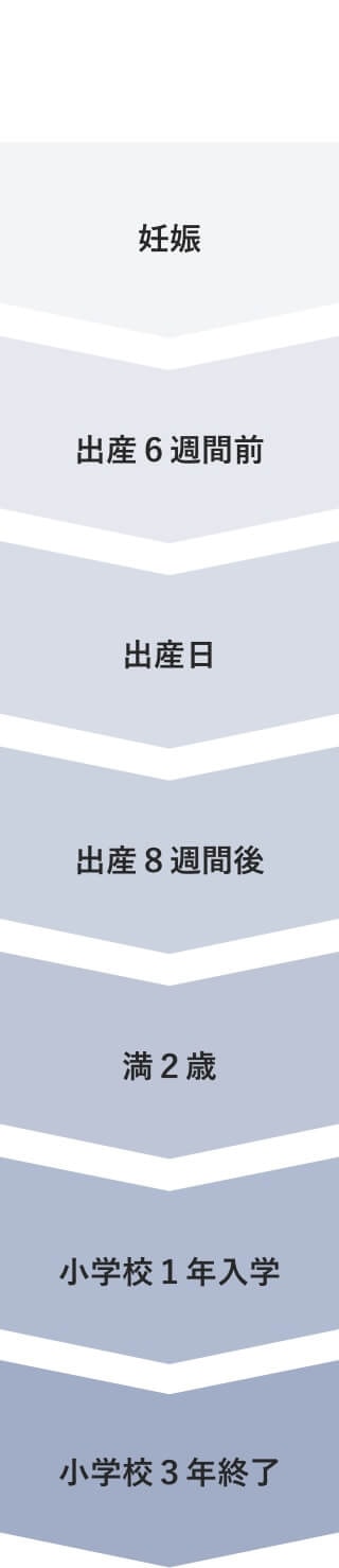 妊娠出産6週間前出産日出産8週間後満2歳小学校1年入学小学校3年終了